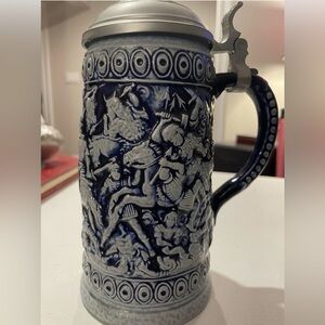 Vintage MARZI & REMY Beer Stein Cobalt Blue & Grey Stoneware BATTLE SCENE